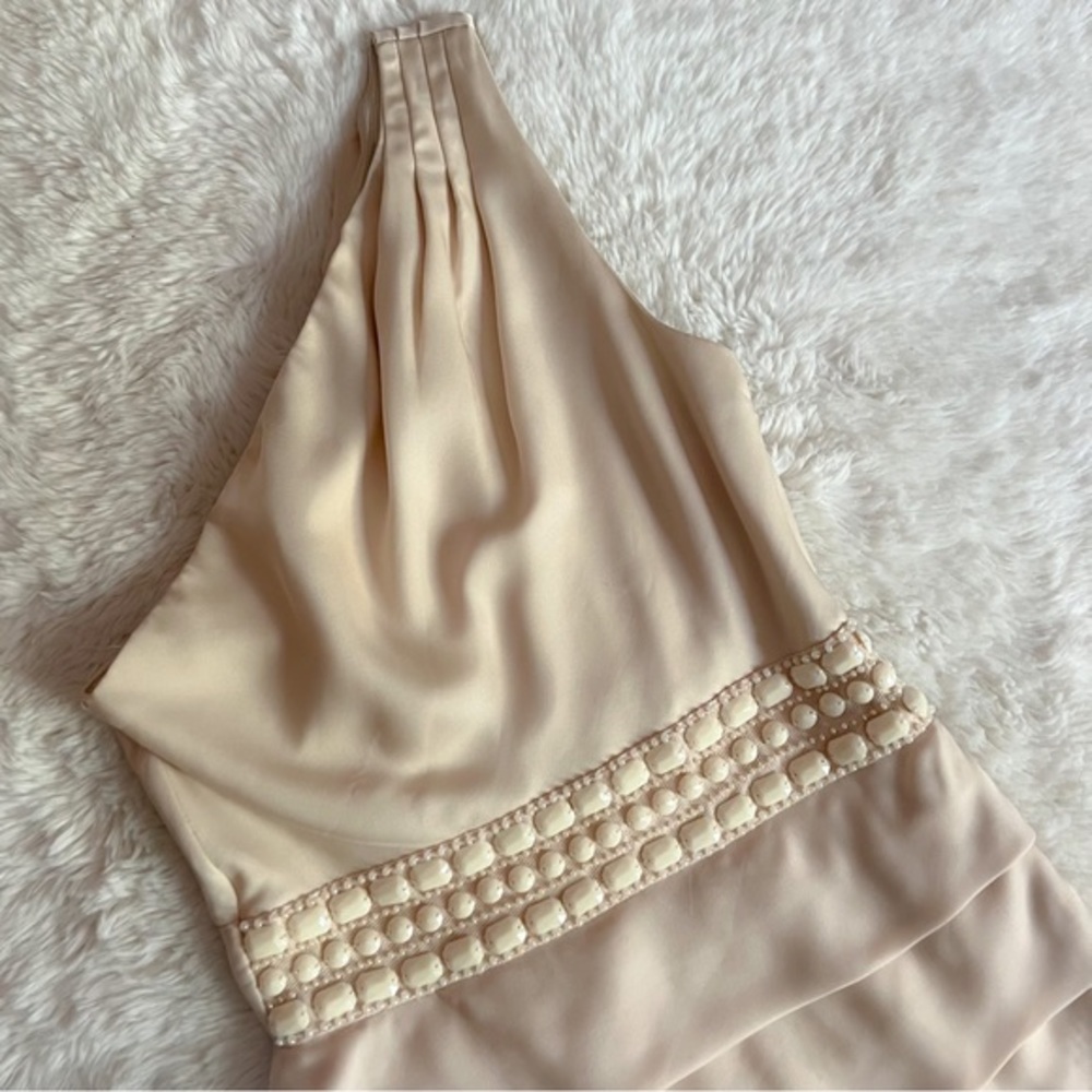 Aryn K Cream Jeweled Waisted One Shouldered Mini Dress